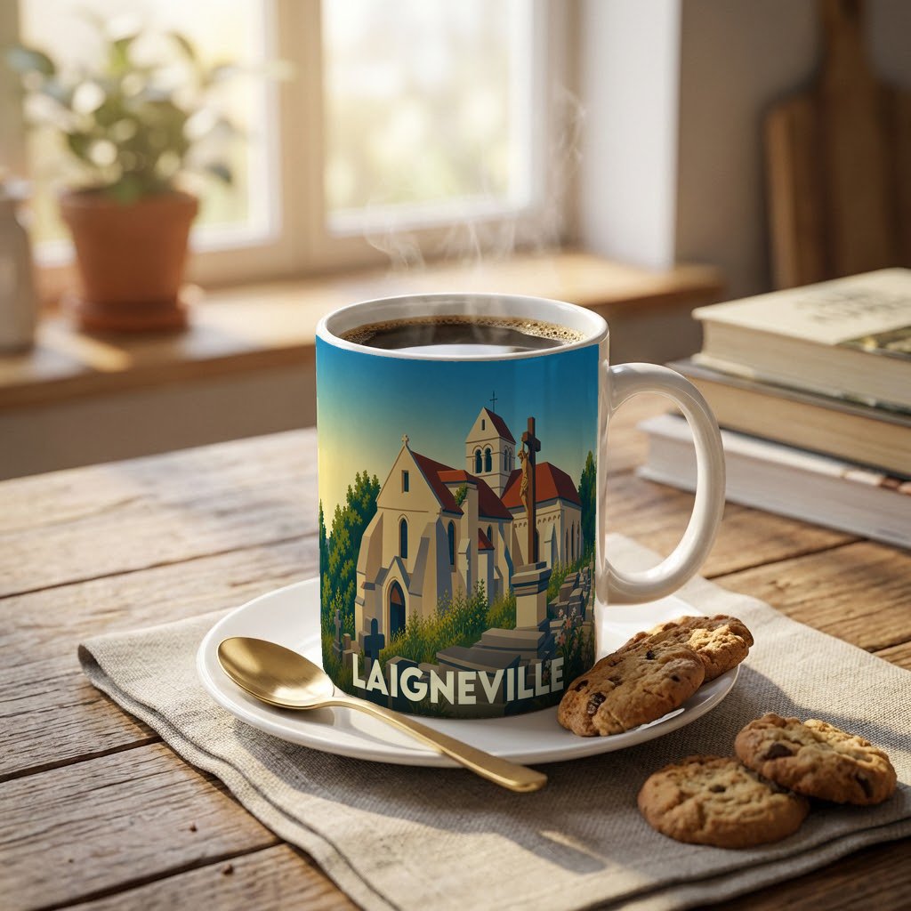 Mug souvenir de la ville de Laigneville orné d'une illustration stylisée de son église.