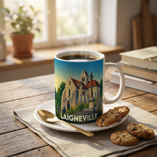Mug souvenir de la ville de Laigneville orné d'une illustration stylisée de son église.
