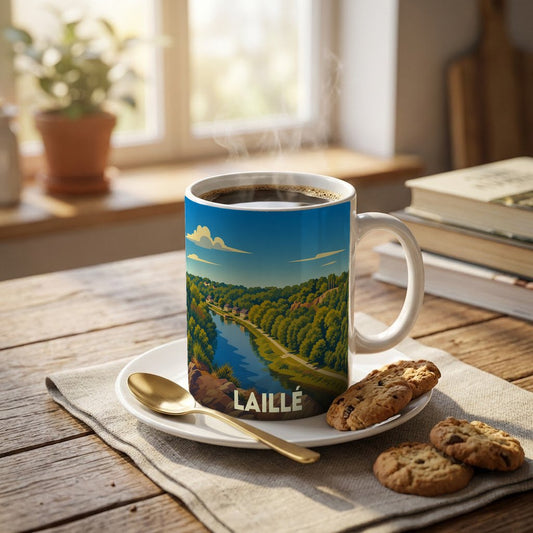 Mug souvenir de la ville de Laillé orné d'une illustration stylisée d'un paysage de rivière et de forêt.