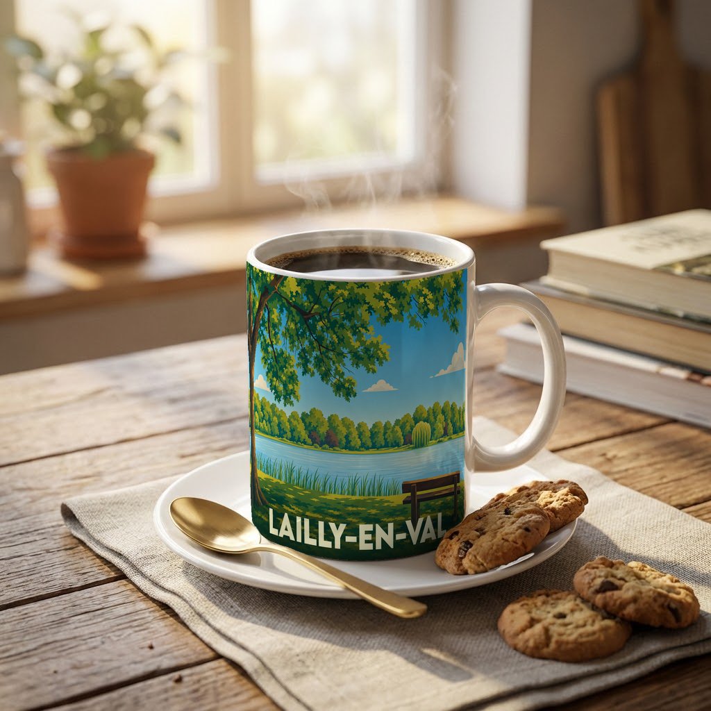 Mug souvenir de la ville de Lailly-en-Val avec une illustration stylisée d'un paysage de bord de lac.