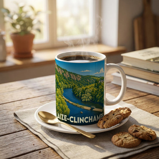 Mug souvenir de la ville de Laize-Clinchamps orné d'une illustration paysagère stylisée d'une rivière serpentant entre des collines verdoyantes.