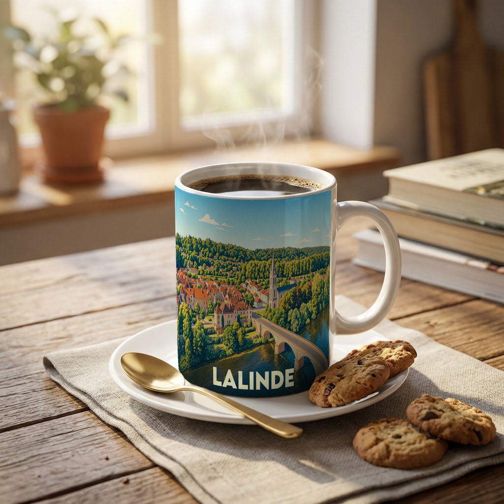 Mug souvenir de la ville de Lalinde illustré d'un paysage panoramique stylisé avec pont et église.
