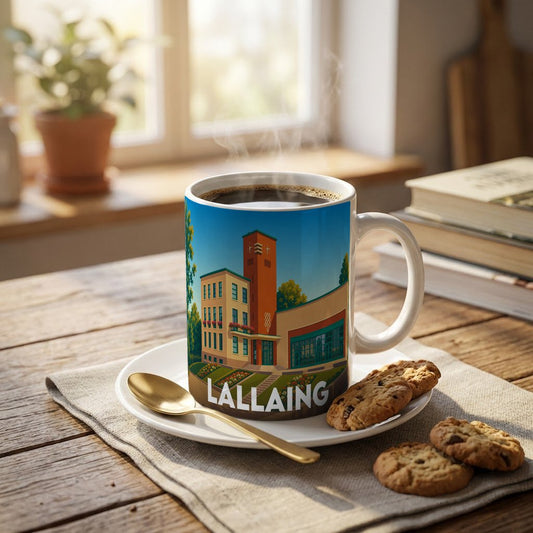 Mug souvenir de la ville de Lallaing illustré d'un dessin coloré de l'hôtel de ville.