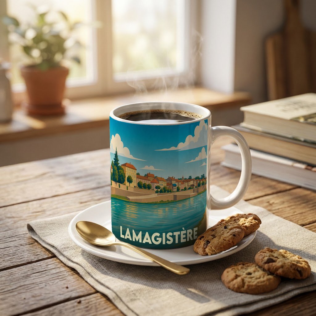 Mug souvenir de la ville de Lamagistère avec une illustration stylisée des bords de Garonne.