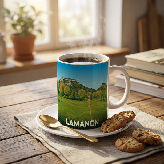 Mug souvenir de la ville de Lamanon orné d'une illustration paysagère stylisée.