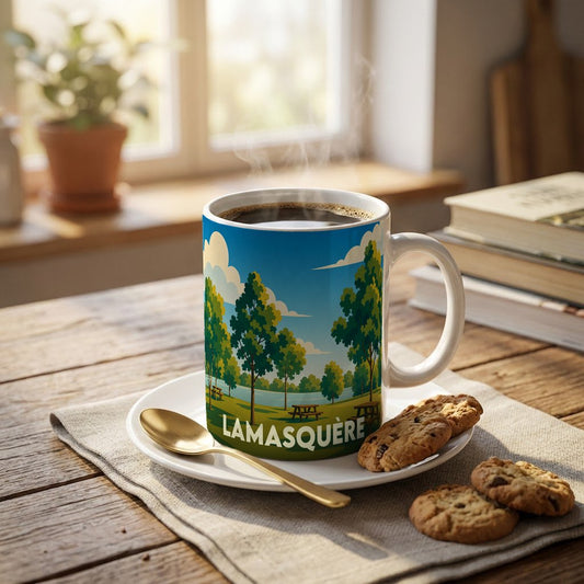 Mug souvenir de la ville de Lamasquère orné d'une illustration stylisée de parc arboré.