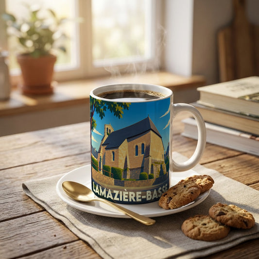 Mug souvenir de la ville de Lamazière-Basse avec une illustration stylisée d'une église locale.