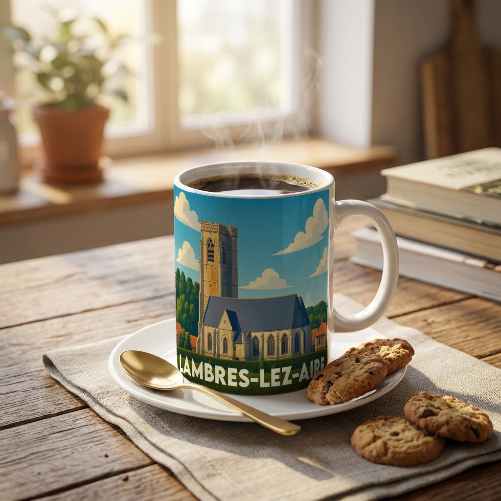 Mug souvenir de la ville de Lambres-lez-Aire avec une illustration stylisée de son église.