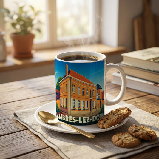 Mug souvenir de la ville de Lambres-lez-Douai avec une illustration colorée et stylisée de l'hôtel de ville.