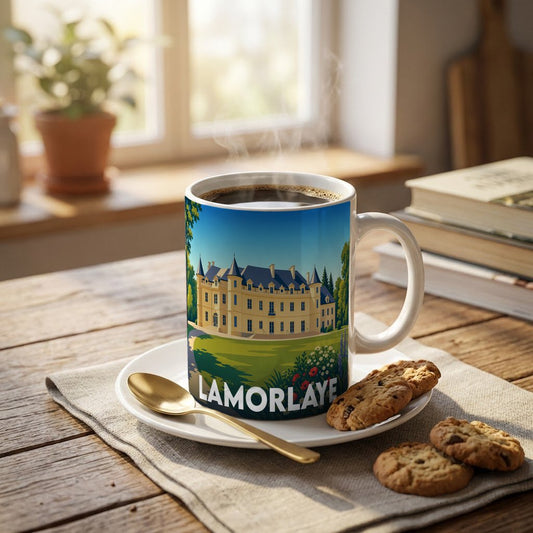 Mug souvenir de la ville de Lamorlaye avec une illustration stylisée d'un château.