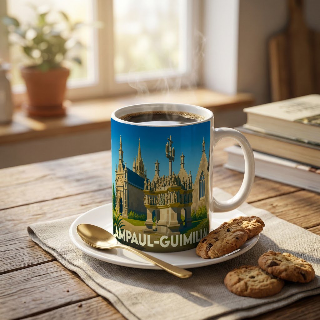 Mug souvenir de la ville de Lampaul-Guimiliau orné d'une illustration stylisée de son enclos paroissial.