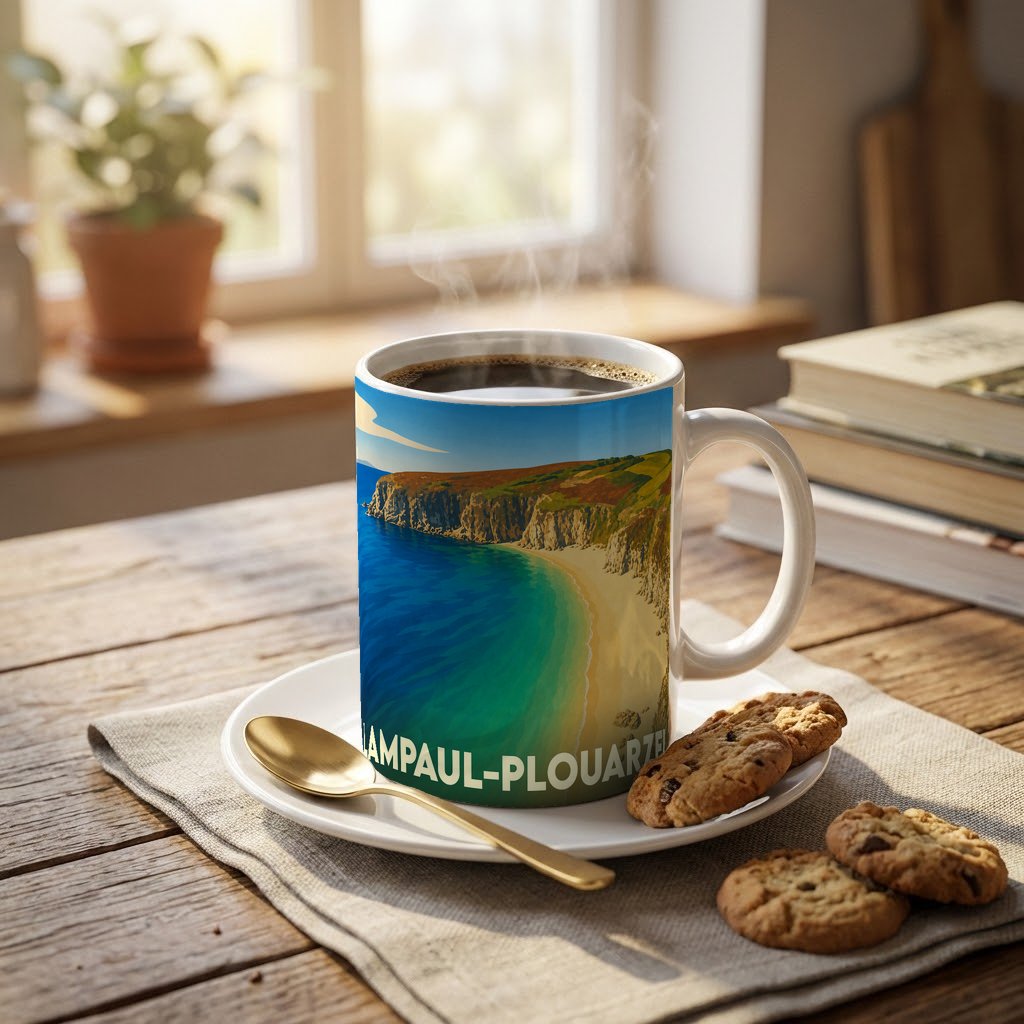 Mug souvenir de la ville de Lampaul-Plouarzel avec une illustration stylisée de son littoral.
