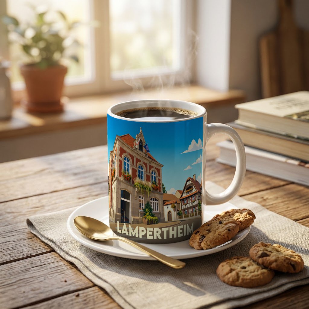 Mug souvenir de la ville de Lampertheim avec une illustration stylisée de son architecture.