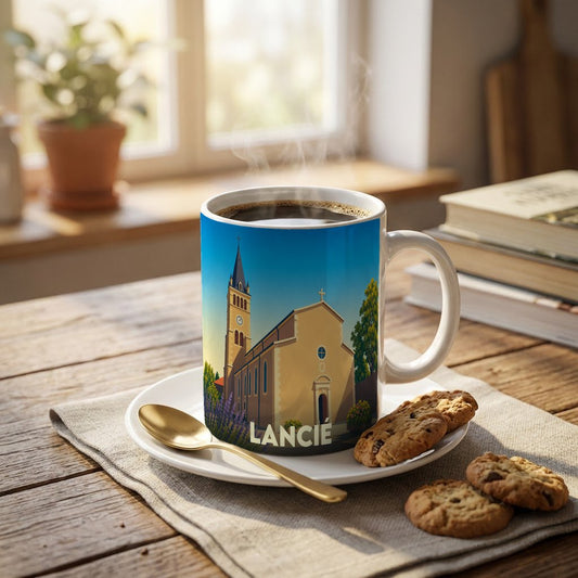 Mug souvenir de la ville de Lancié orné d'une illustration stylisée de son église.