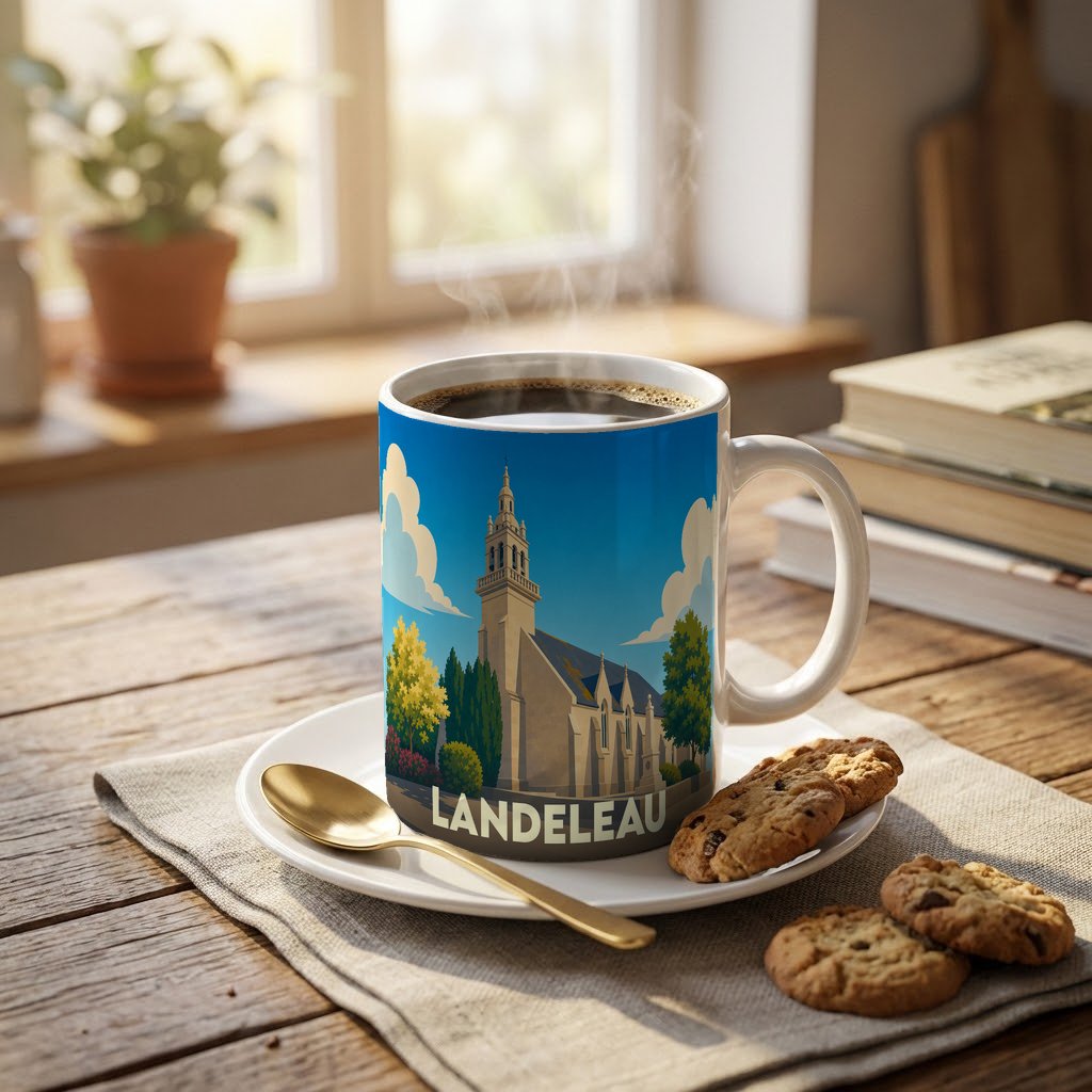 Mug souvenir de la ville de Landeleau avec une illustration stylisée de son église.