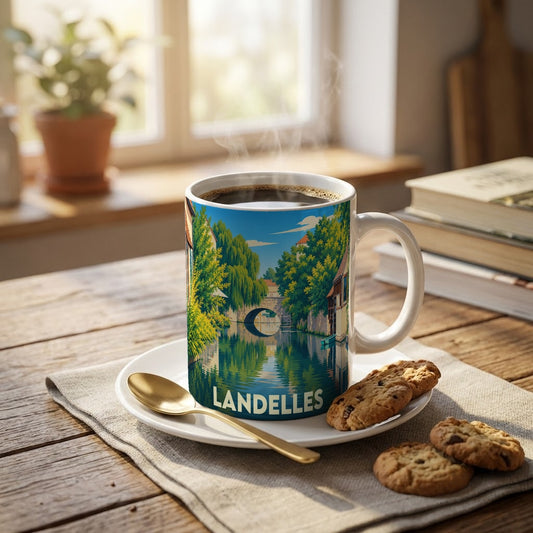Mug souvenir de la ville de Landelles orné d'une illustration stylisée d'un canal et d'un pont.