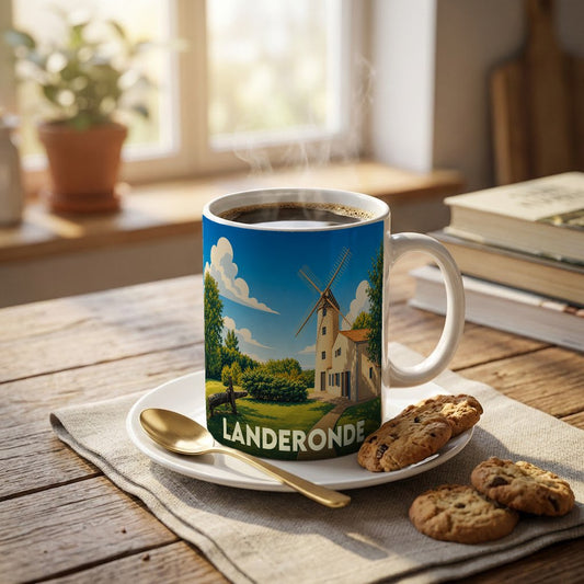 Mug souvenir de la ville de Landeronde illustré d'un moulin traditionnel sous un ciel bleu.