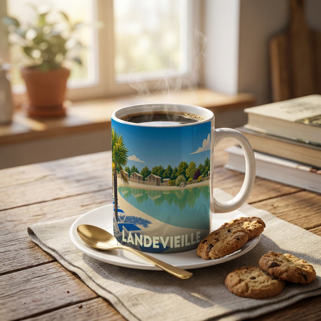 Mug souvenir de la ville de Landevieille orné d'une illustration stylisée de station balnéaire.
