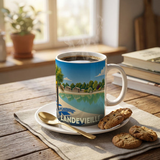 Mug souvenir de la ville de Landevieille orné d'une illustration stylisée de station balnéaire.