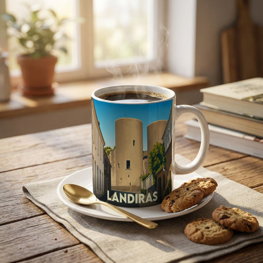 Mug souvenir de la ville de Landiras avec une illustration stylisée de ses tours médiévales.