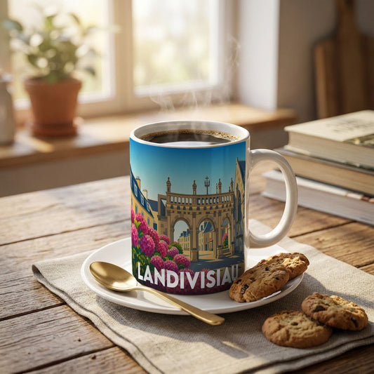 Mug souvenir de la ville de Landivisiau orné d'une illustration stylisée de son patrimoine architectural.