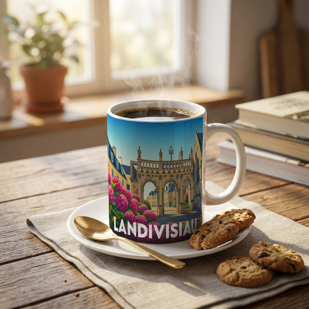 Mug souvenir de la ville de Landivisiau orné d'une illustration stylisée de son patrimoine architectural.