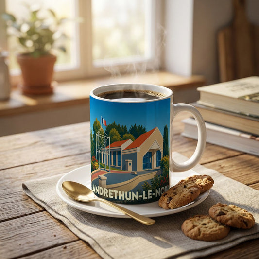 Mug souvenir de la ville de Landrethun-le-Nord avec une illustration stylisée.