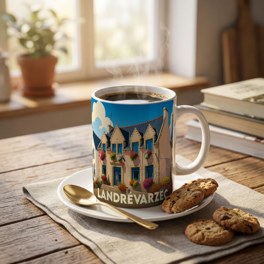 Mug souvenir de la ville de Landrévarzec illustré d'une façade bretonne fleurie.