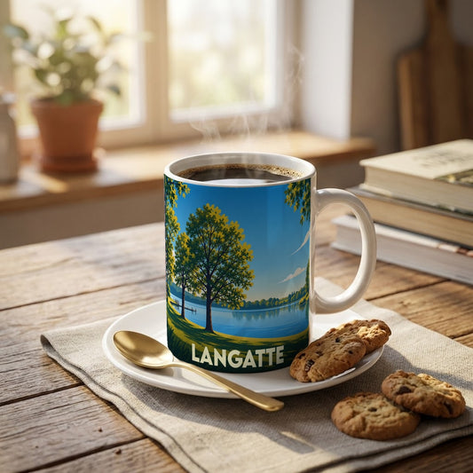 Mug souvenir de la ville de Langatte avec une illustration stylisée d'un paysage de lac bordé d'arbres.