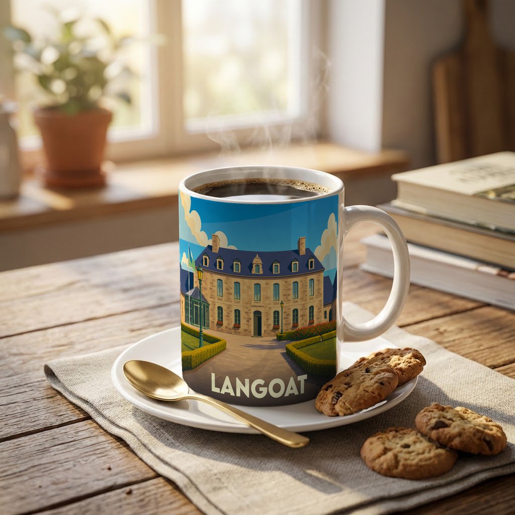 Mug souvenir de la ville de Langoat orné d'une illustration stylisée représentant une demeure historique.
