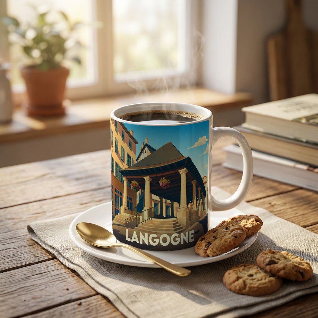 Mug souvenir de la ville de Langogne avec une illustration stylisée de ses halles historiques.
