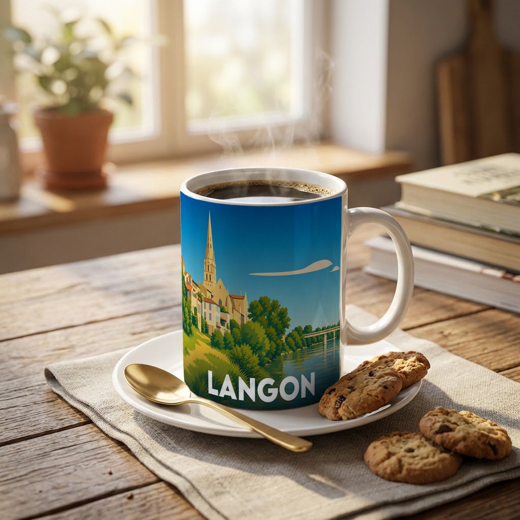 Mug souvenir de la ville de Langon avec une illustration stylisée et colorée.
