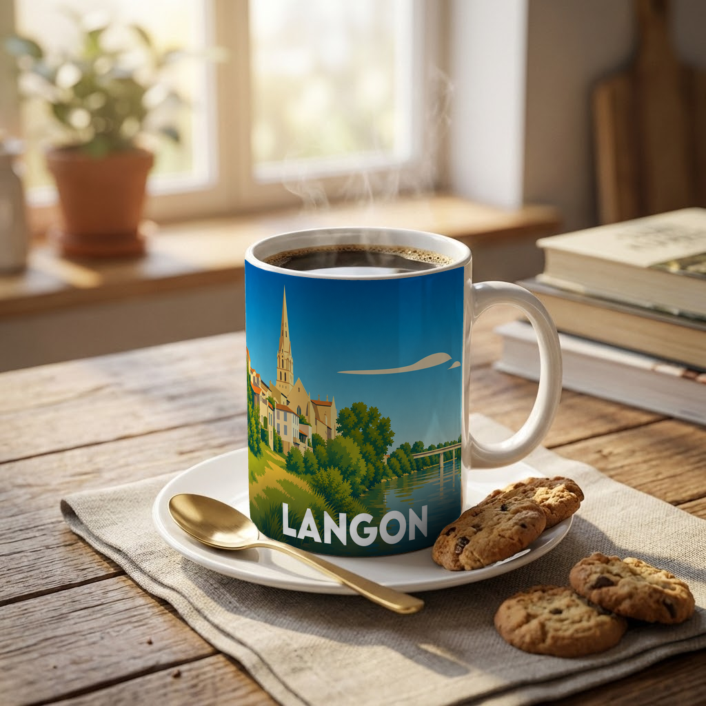 Mug souvenir de la ville de Langon avec une illustration stylisée et colorée.