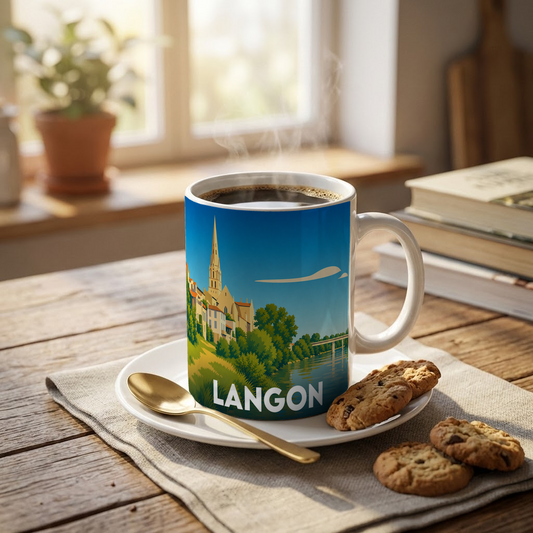 Mug souvenir de la ville de Langon avec une illustration stylisée et colorée.