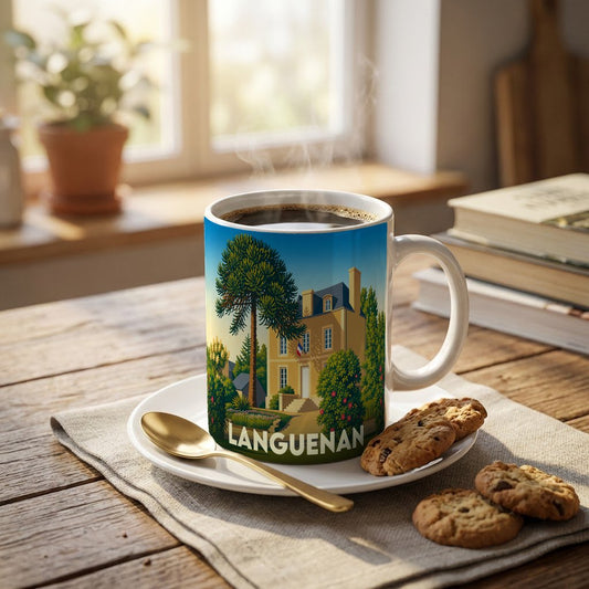 Mug souvenir de la ville de Languenan orné d'une illustration stylisée d'une maison de maître et de sa végétation.