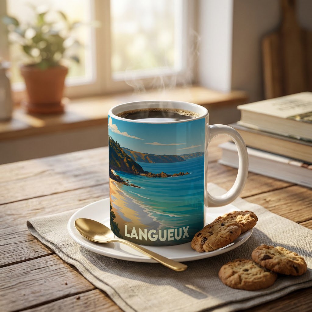 Mug souvenir de la ville de Langueux orné d'une illustration côtière stylisée.
