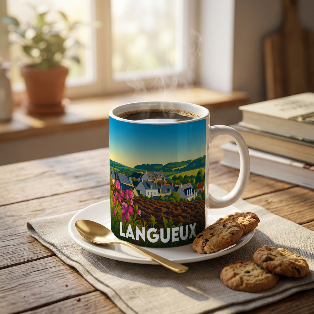 Mug souvenir de la ville de Langueux orné d'une illustration paysagère stylisée.