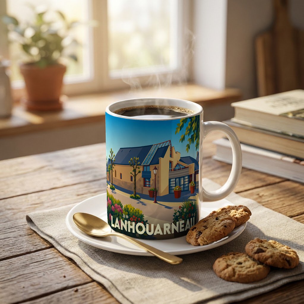Mug souvenir de la ville de Lanhouarneau avec une illustration colorée et stylisée.