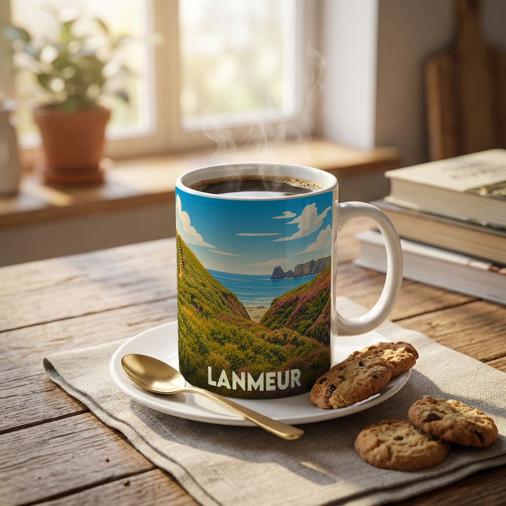Mug souvenir de la ville de Lanmeur illustré d'un paysage côtier verdoyant.
