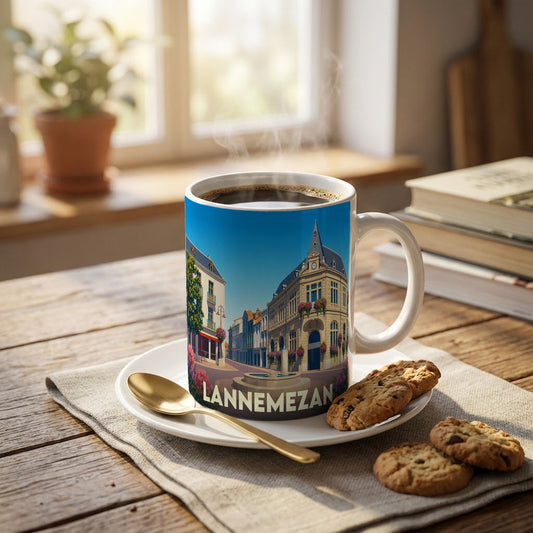 Mug souvenir de la ville de Lannemezan avec une illustration colorée et stylisée de son centre-ville.