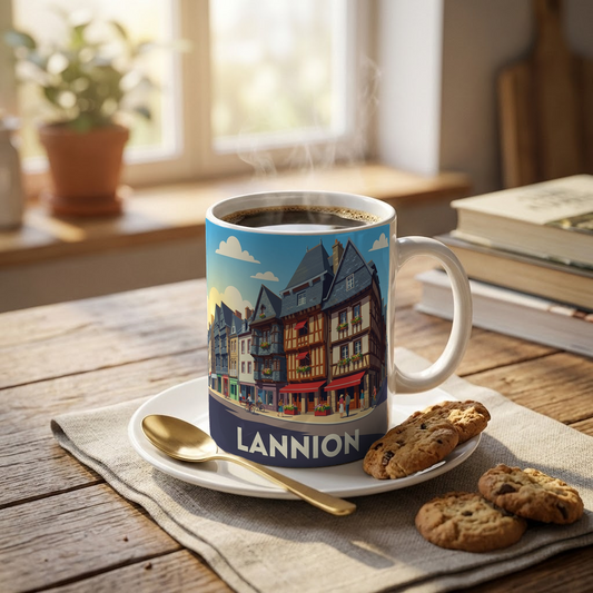 Mug souvenir de la ville de Lannion avec une illustration stylisée de ses maisons traditionnelles.