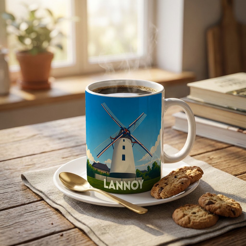 Mug souvenir de la ville de Lannoy orné d'une illustration stylisée d'un moulin à vent.