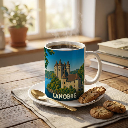 Mug souvenir de la ville de Lanobre avec une illustration stylisée d'un château au bord de l'eau.