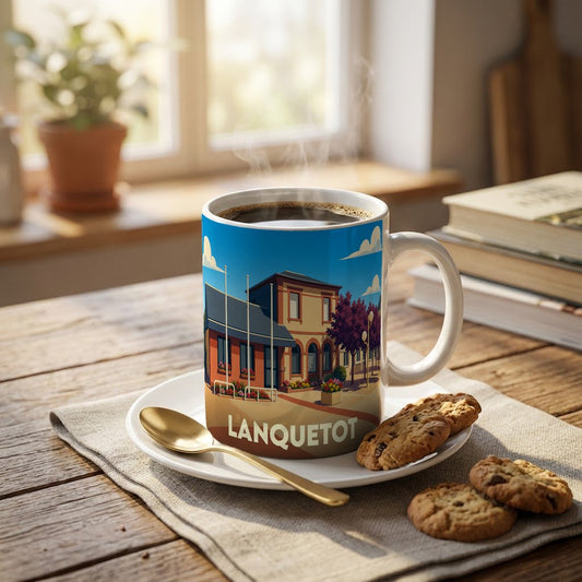 Mug souvenir de la ville de Lanquetot avec une illustration stylisée.