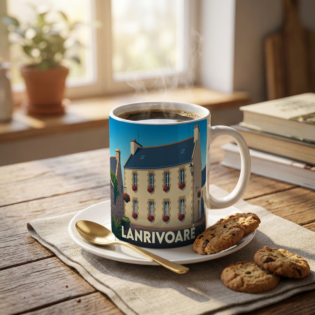 Mug souvenir de la ville de Lanrivoaré orné d'une illustration stylisée d'une maison bretonne.