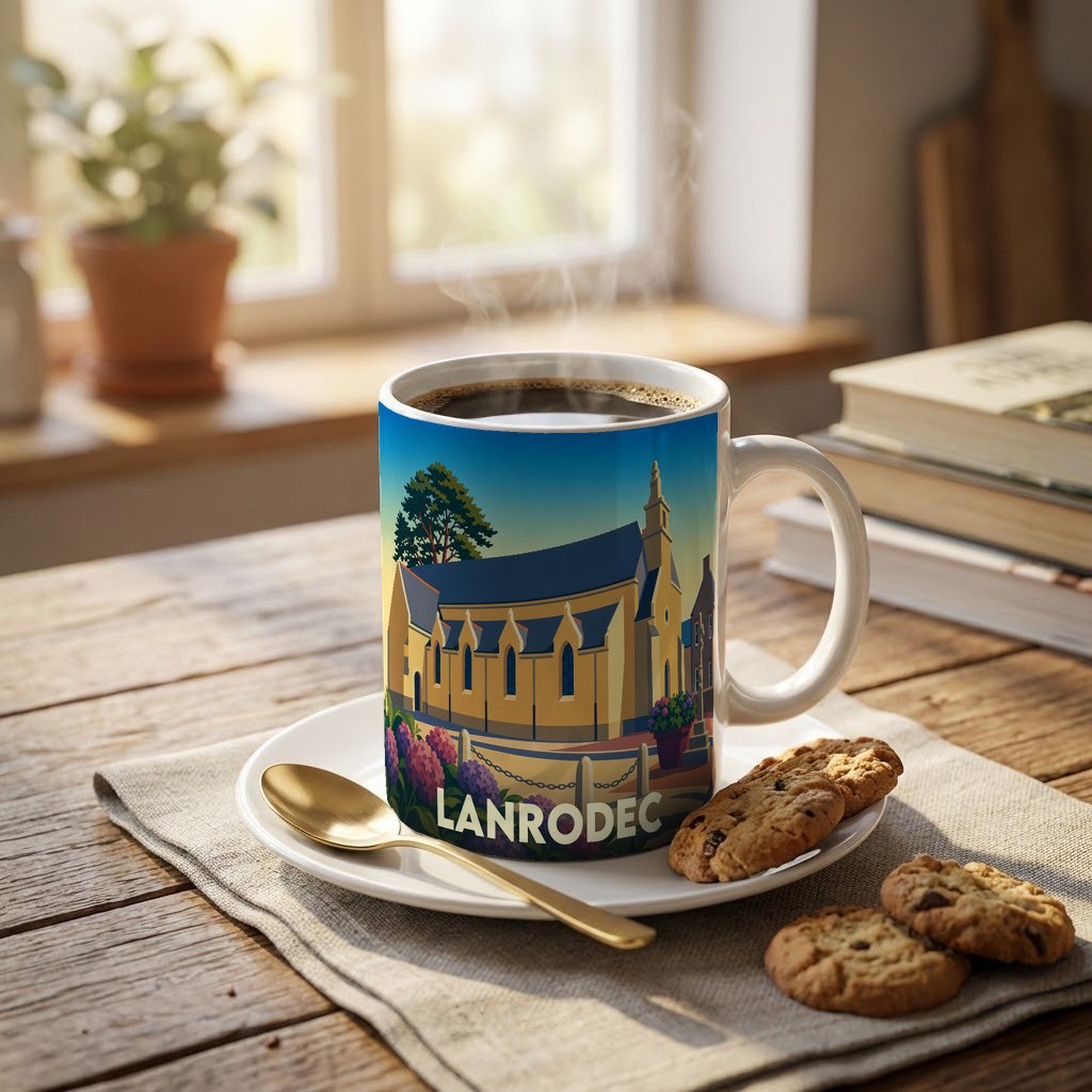 Mug souvenir de la ville de Lanrodec avec une illustration stylisée de son église.