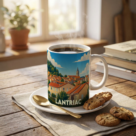 Mug souvenir de la ville de Lantriac orné d'une illustration stylisée du village et de son église.