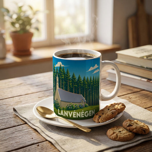 Mug souvenir de la ville de Lanvénégen orné d'une illustration stylisée d'une chapelle en lisière de forêt.