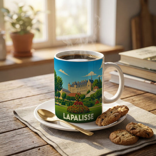 Mug souvenir de la ville de Lapalisse avec une illustration stylisée de son château et de ses jardins.