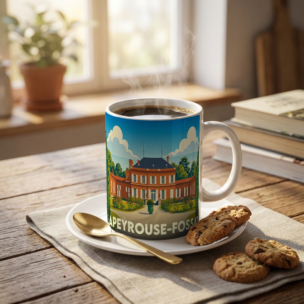Mug souvenir de la ville de Lapeyrouse-Fossat avec une illustration stylisée de son château.